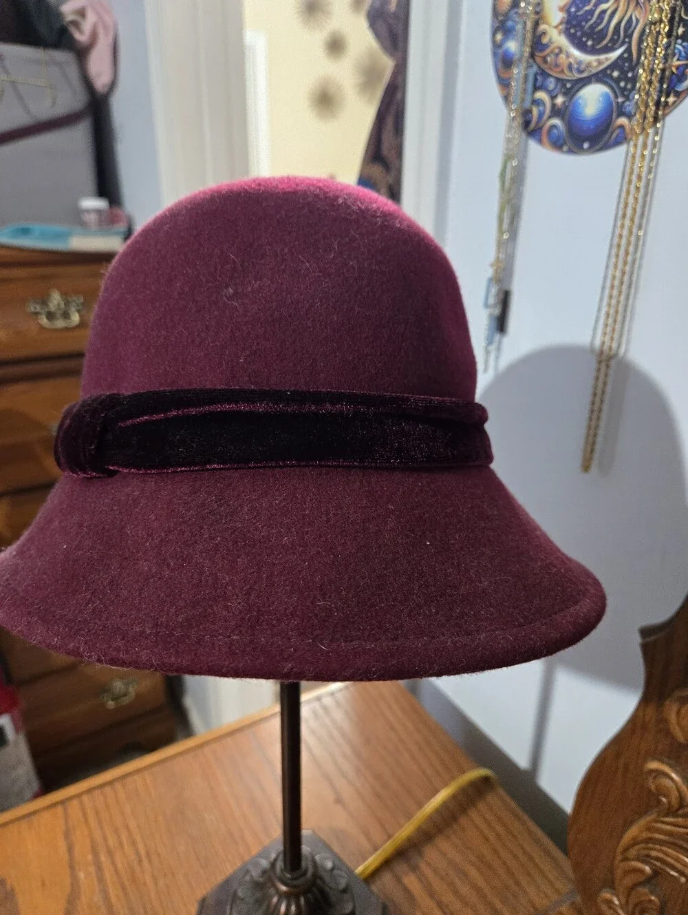 Nine West Plum Wool Cloche Hat with Velvet Band